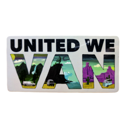 Image of sticker with the words "United We Van" filled with drawings of vans and beautiful scenery