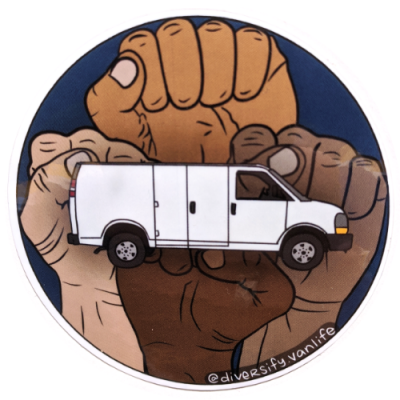 Image of sticker with fists of all skin colors raised in the air, with a van in front and the words "diversify vanlife"