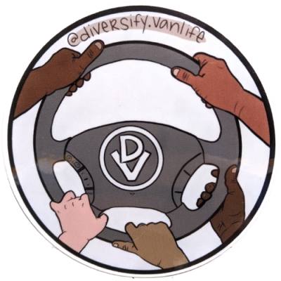 Image of sticker with hands of all skin colors grabbing a steering wheel with the words "diversify vanlife"