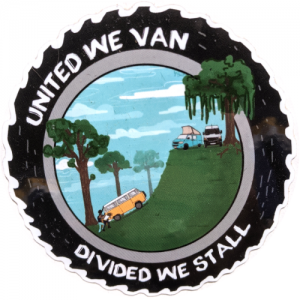 Image of a sticker featuring a group of people pushing a van up a hill with the words "United We Van, Divided We Stall"